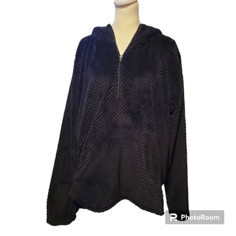 Tek Gear Long Sleeve 1/4 Zip Pullover Hooded Fleece Jacket Side Vents Black Size